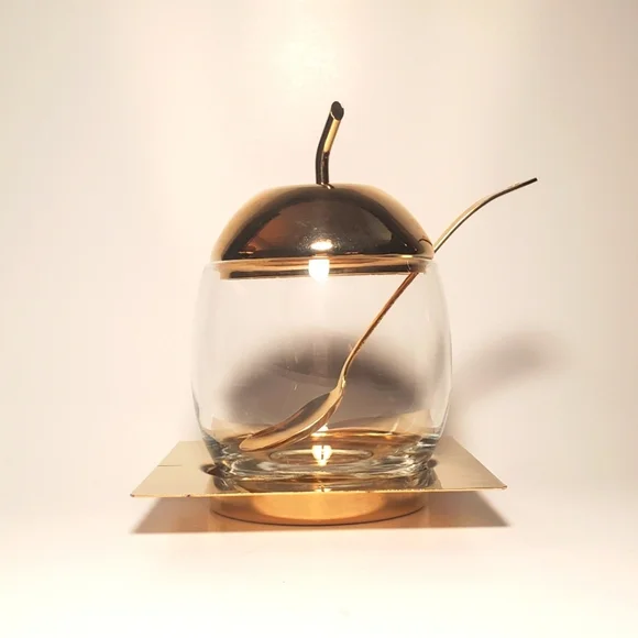 24k Gold Plated Vtg Glass Sugar Bowl with Spoon & Tray Apple Stem Lid Brass MCM - Picture 11 of 11
